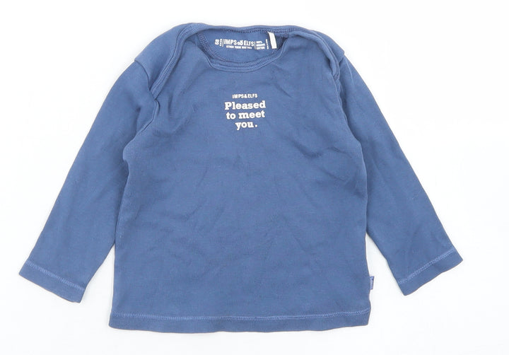 Imps & Elfs Boys Blue Cotton Basic T-Shirt Size 6-9 Months Crew Neck
