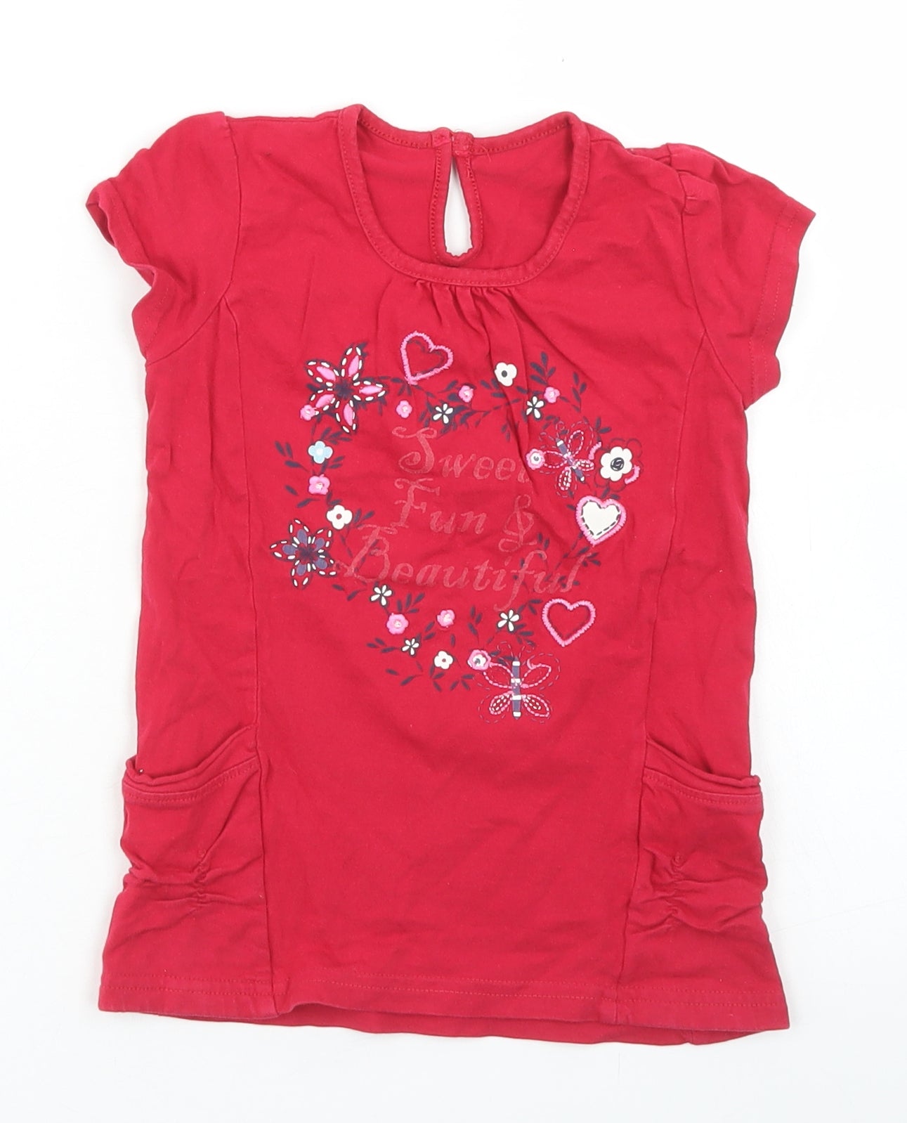 Matalan Girls Red  Cotton Basic T-Shirt Size 2-3 Years Crew Neck Button