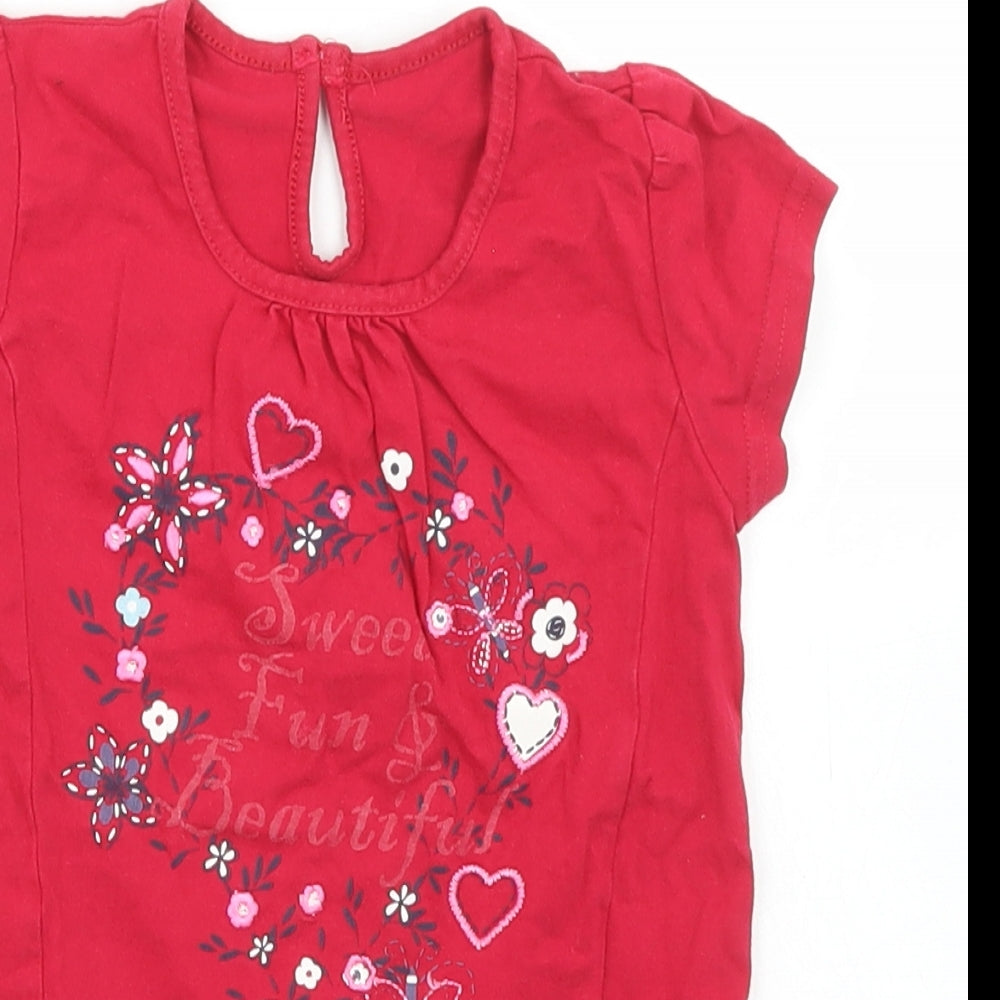 Matalan Girls Red  Cotton Basic T-Shirt Size 2-3 Years Crew Neck Button