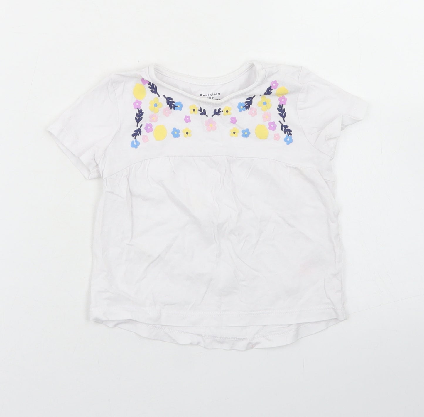 F&F Girls White  Cotton Basic T-Shirt Size 9 Years Crew Neck Snap - Floral Detail