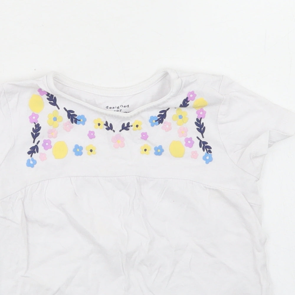 F&F Girls White  Cotton Basic T-Shirt Size 9 Years Crew Neck Snap - Floral Detail