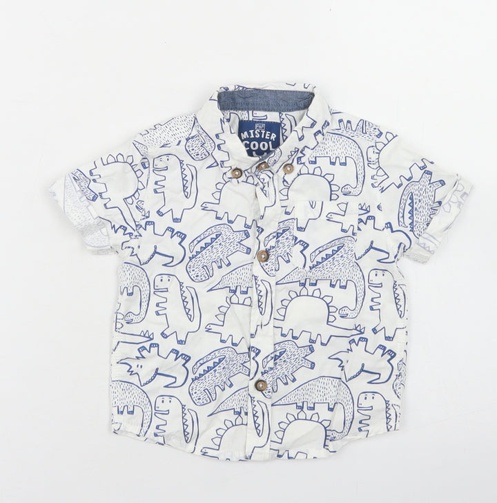 F&F Boys White Spotted Cotton Basic Button-Up Size 6-9 Months Collared Button - Dinosaur Print