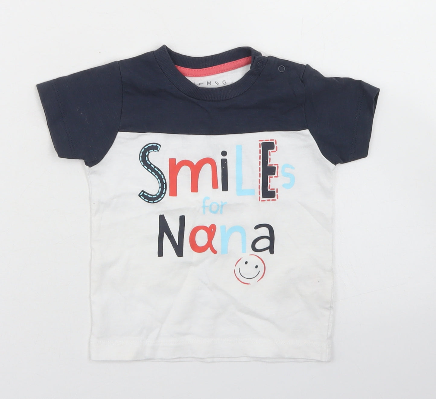 Nutmeg Boys Blue Colourblock Cotton Ringer T-Shirt Size 9-12 Months Crew Neck Snap