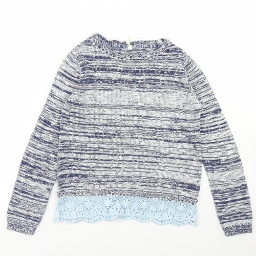YD Girls Blue Crew Neck Striped Acrylic Pullover Jumper Size 8-9 Years  Snap - Lace Trim