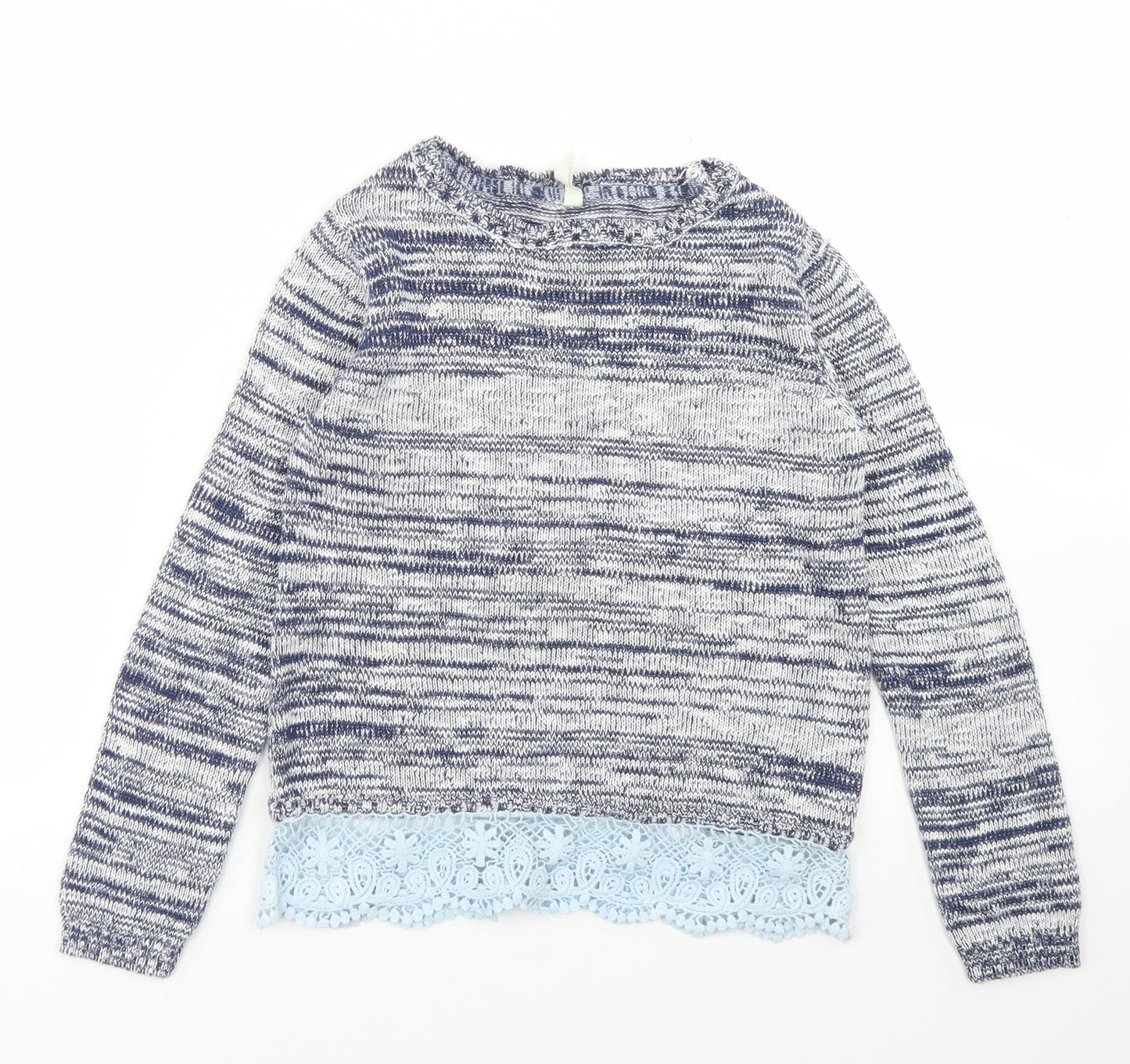 YD Girls Blue Crew Neck Striped Acrylic Pullover Jumper Size 8-9 Years  Snap - Lace Trim