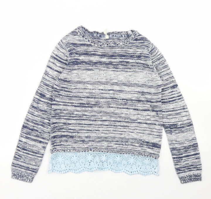 YD Girls Blue Crew Neck Striped Acrylic Pullover Jumper Size 8-9 Years  Snap - Lace Trim