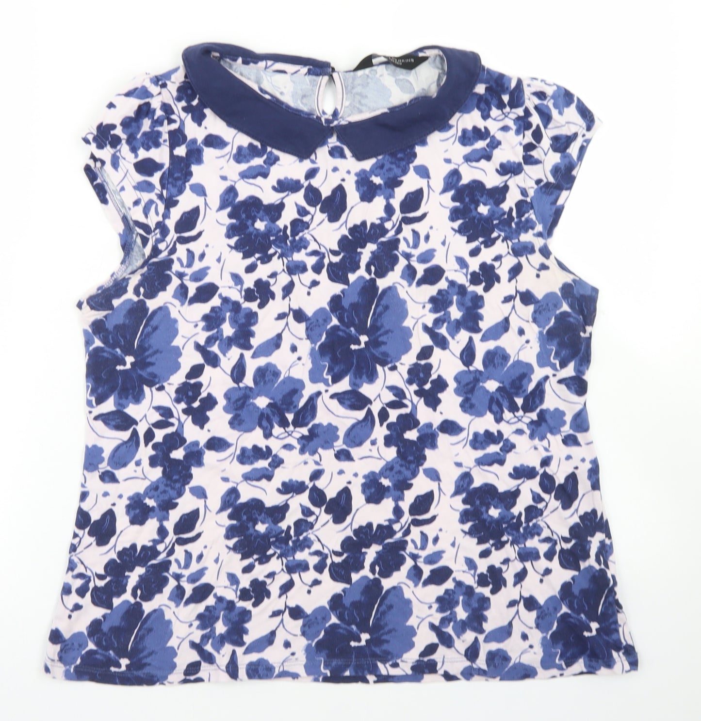 Dorothy Perkins Womens Blue Floral Cotton Basic T-Shirt Size 16 Collared