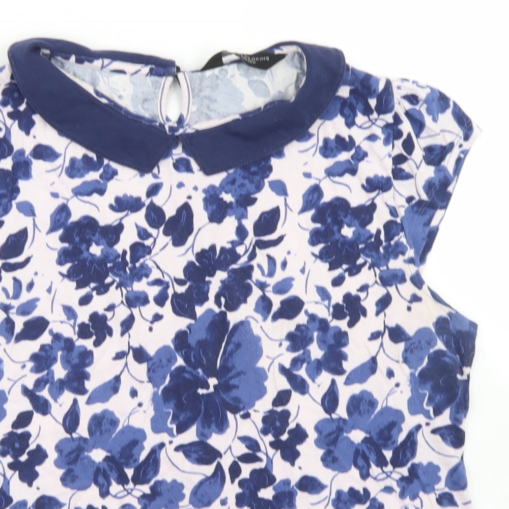 Dorothy Perkins Womens Blue Floral Cotton Basic T-Shirt Size 16 Collared