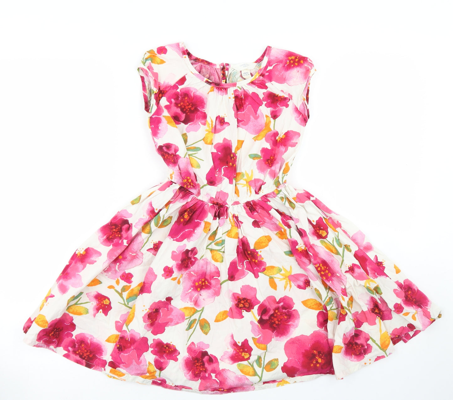 Lands' End Girls Pink Floral Cotton Skater Dress  Size 4-5 Years  Crew Neck Button