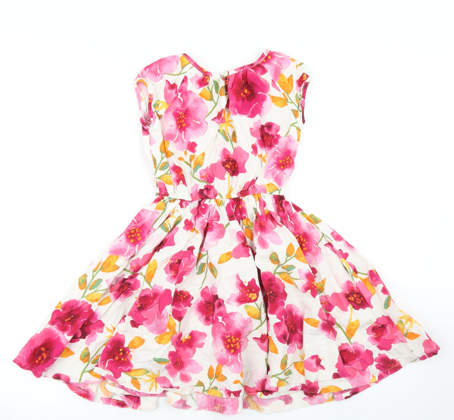 Lands' End Girls Pink Floral Cotton Skater Dress  Size 4-5 Years  Crew Neck Button