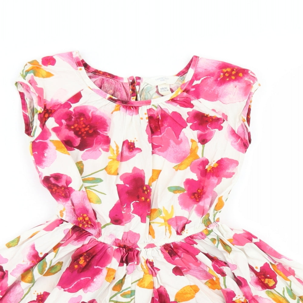 Lands' End Girls Pink Floral Cotton Skater Dress  Size 4-5 Years  Crew Neck Button