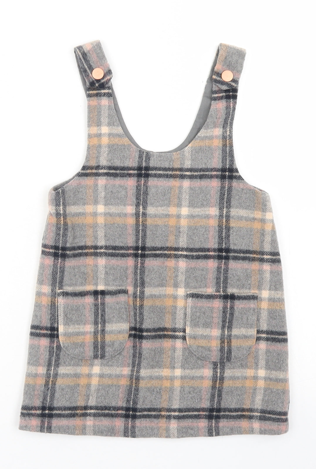 NEXT Girls Grey Plaid Polyester Pinafore/Dungaree Dress  Size 2-3 Years  Square Neck Snap