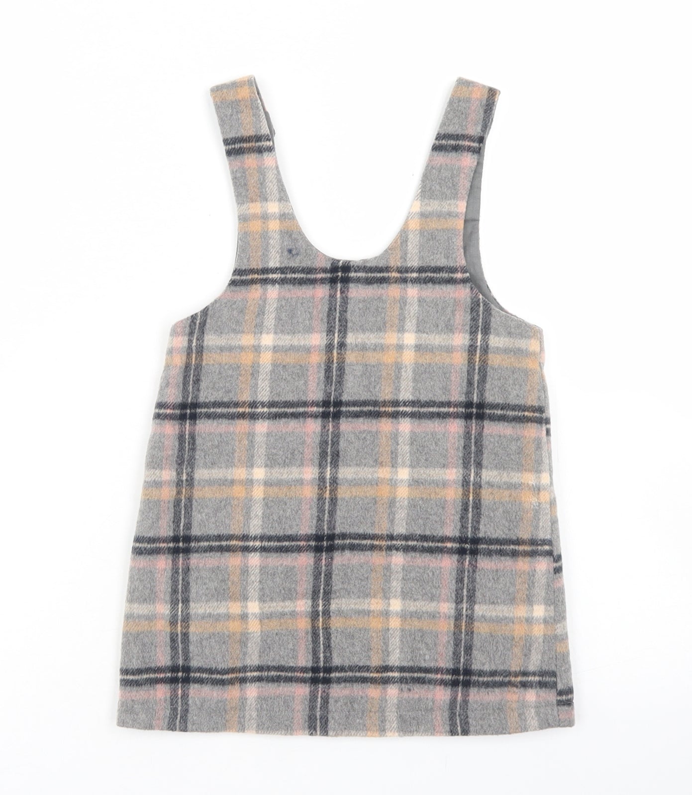 NEXT Girls Grey Plaid Polyester Pinafore/Dungaree Dress  Size 2-3 Years  Square Neck Snap