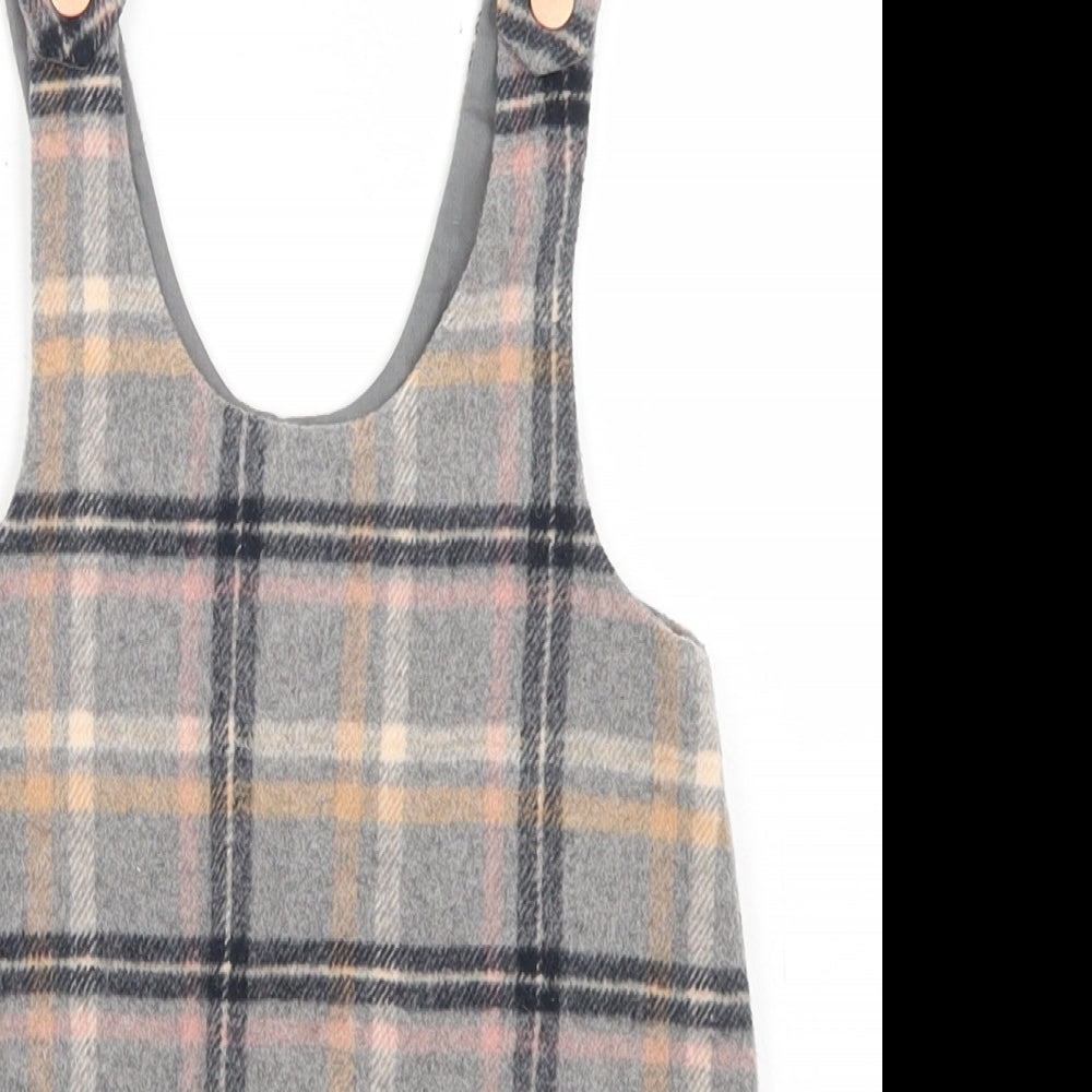 NEXT Girls Grey Plaid Polyester Pinafore/Dungaree Dress  Size 2-3 Years  Square Neck Snap