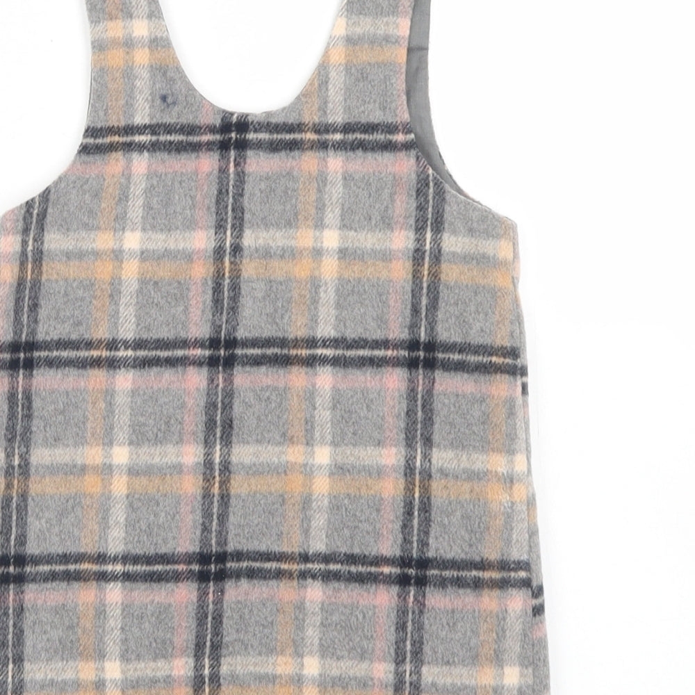 NEXT Girls Grey Plaid Polyester Pinafore/Dungaree Dress  Size 2-3 Years  Square Neck Snap