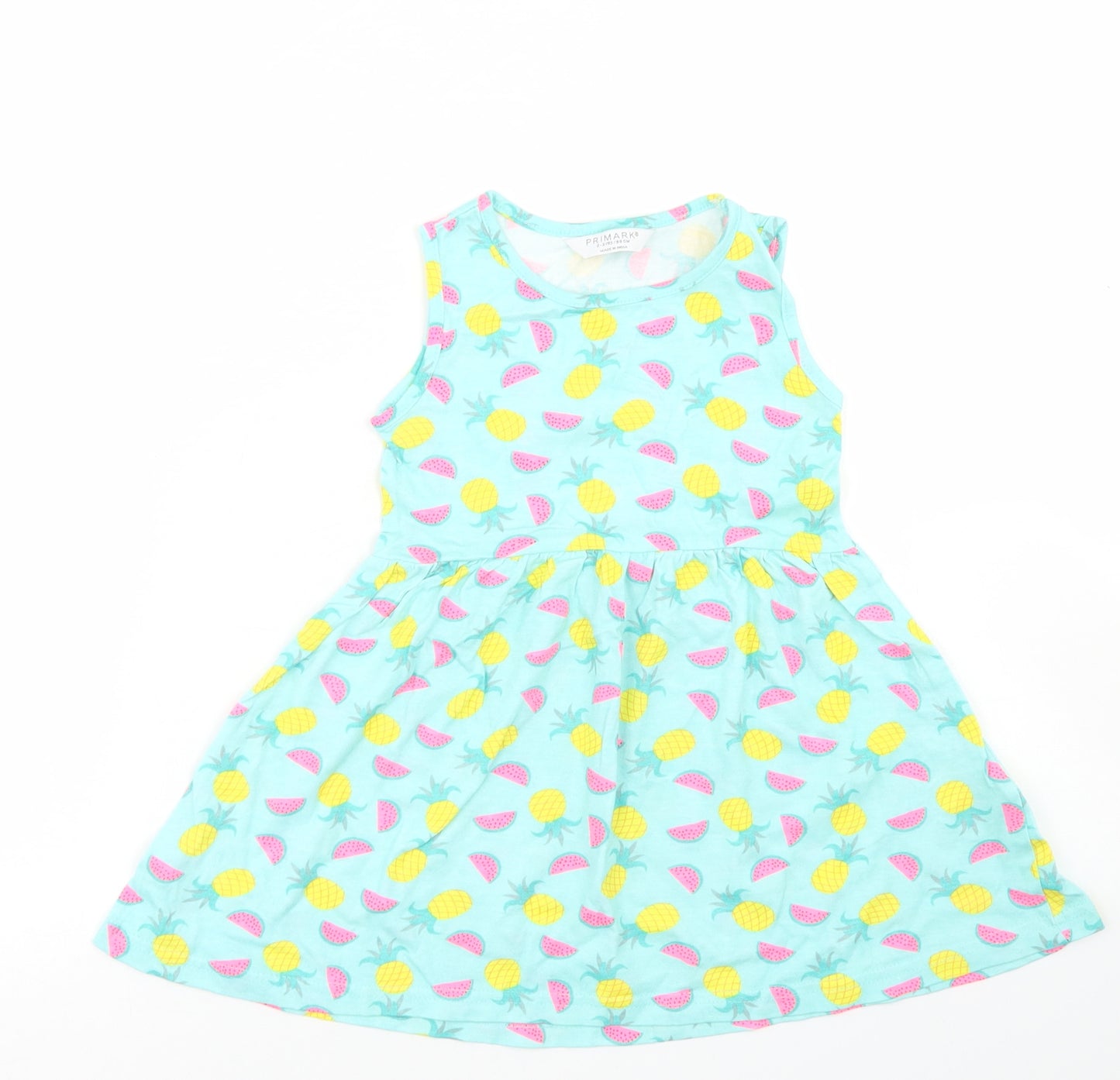 Primark Girls Blue Spotted Cotton Skater Dress  Size 2-3 Years  Crew Neck  - Pineapple Print