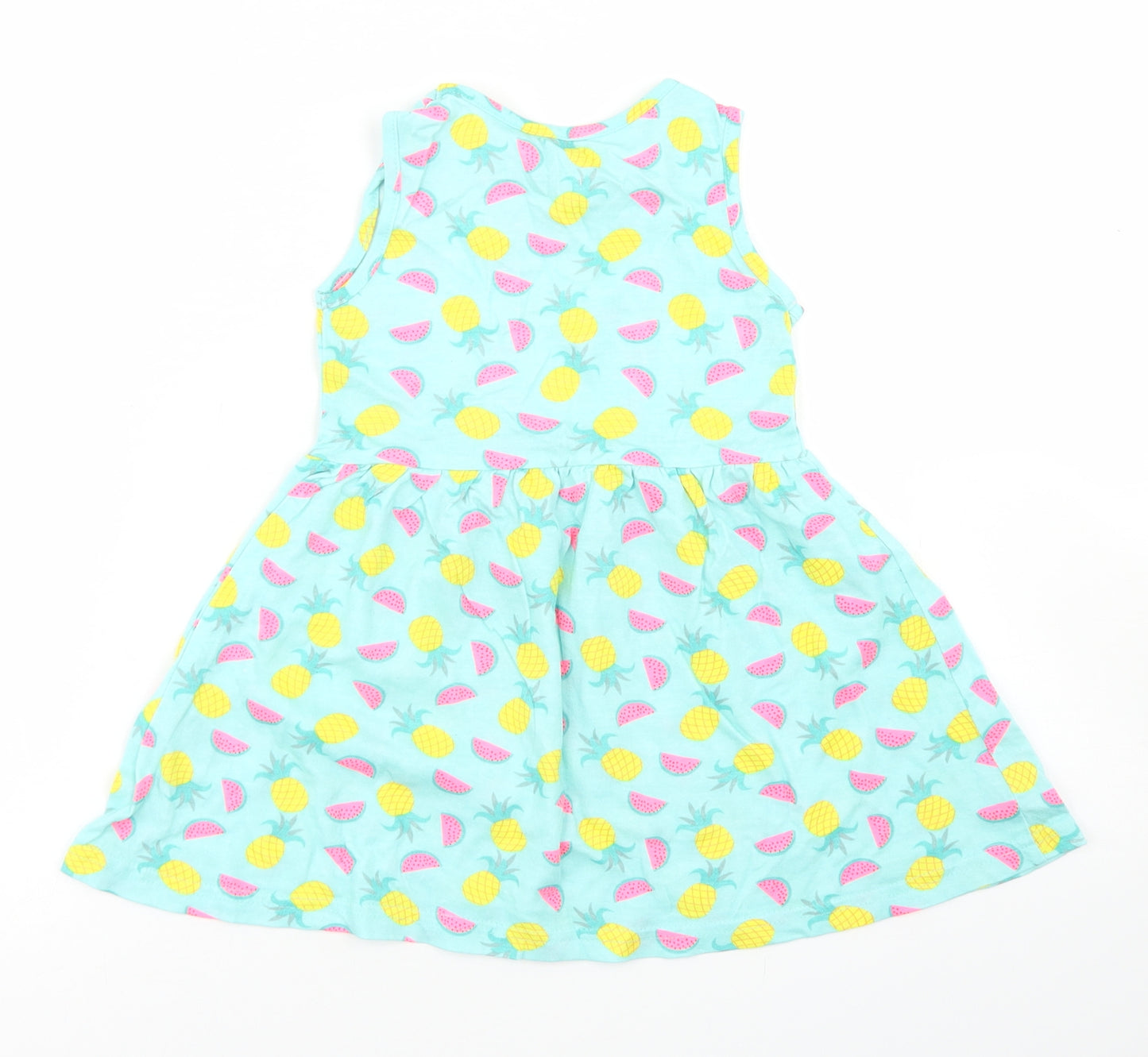 Primark Girls Blue Spotted Cotton Skater Dress  Size 2-3 Years  Crew Neck  - Pineapple Print