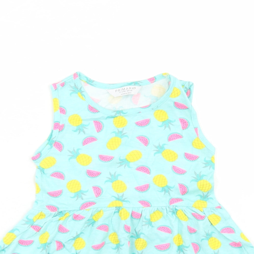 Primark Girls Blue Spotted Cotton Skater Dress  Size 2-3 Years  Crew Neck  - Pineapple Print