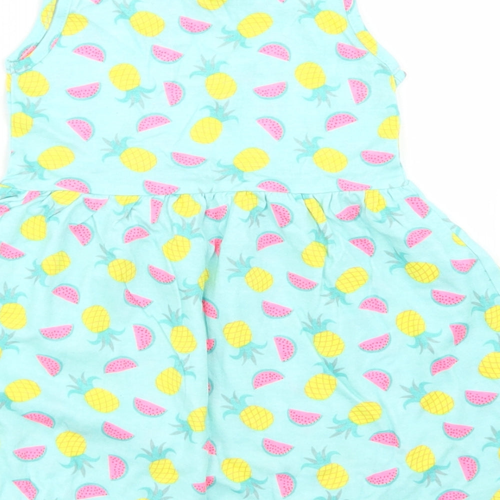Primark Girls Blue Spotted Cotton Skater Dress  Size 2-3 Years  Crew Neck  - Pineapple Print