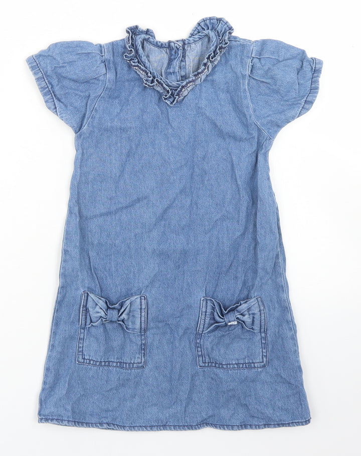 Pep & Co Girls Blue  Cotton A-Line  Size 3-4 Years  Crew Neck Button