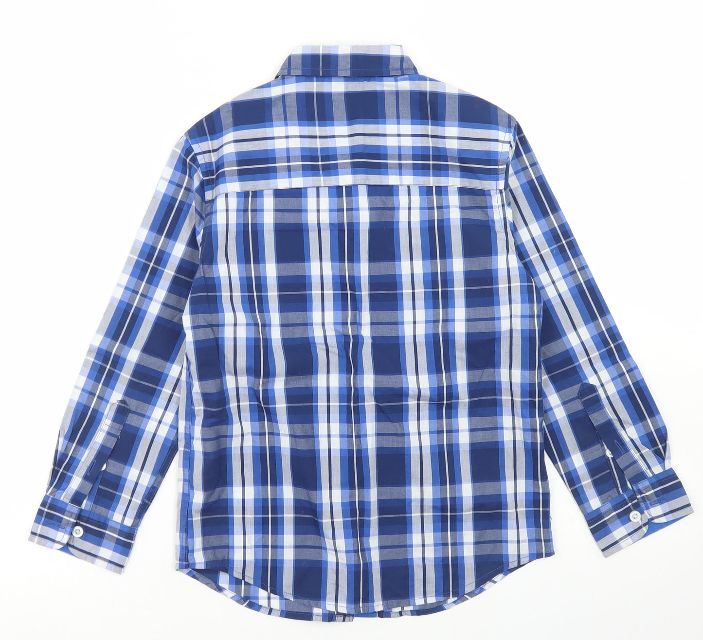M&S Boys Blue Plaid Cotton Basic Button-Up Size 7-8 Years Collared Button