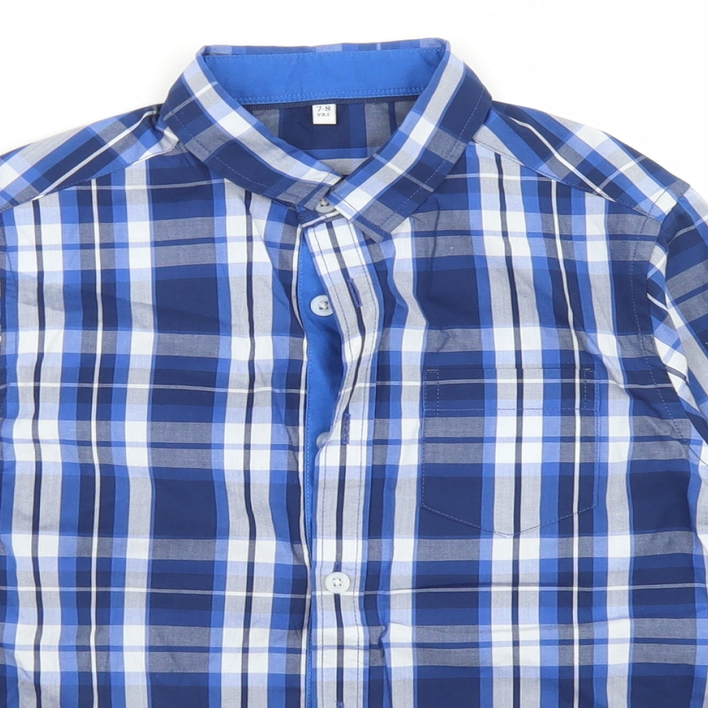 M&S Boys Blue Plaid Cotton Basic Button-Up Size 7-8 Years Collared Button