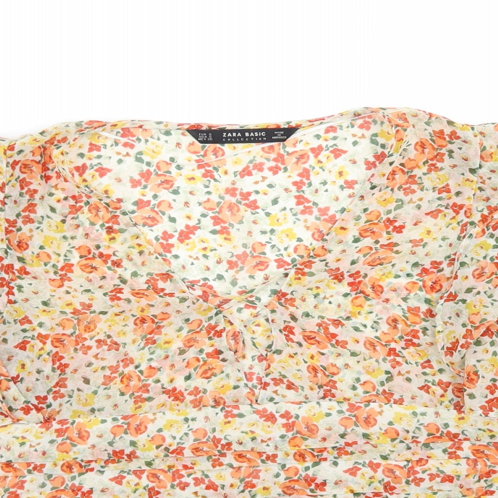 Zara Womens Pink Floral Polyester Cropped Blouse Size S V-Neck