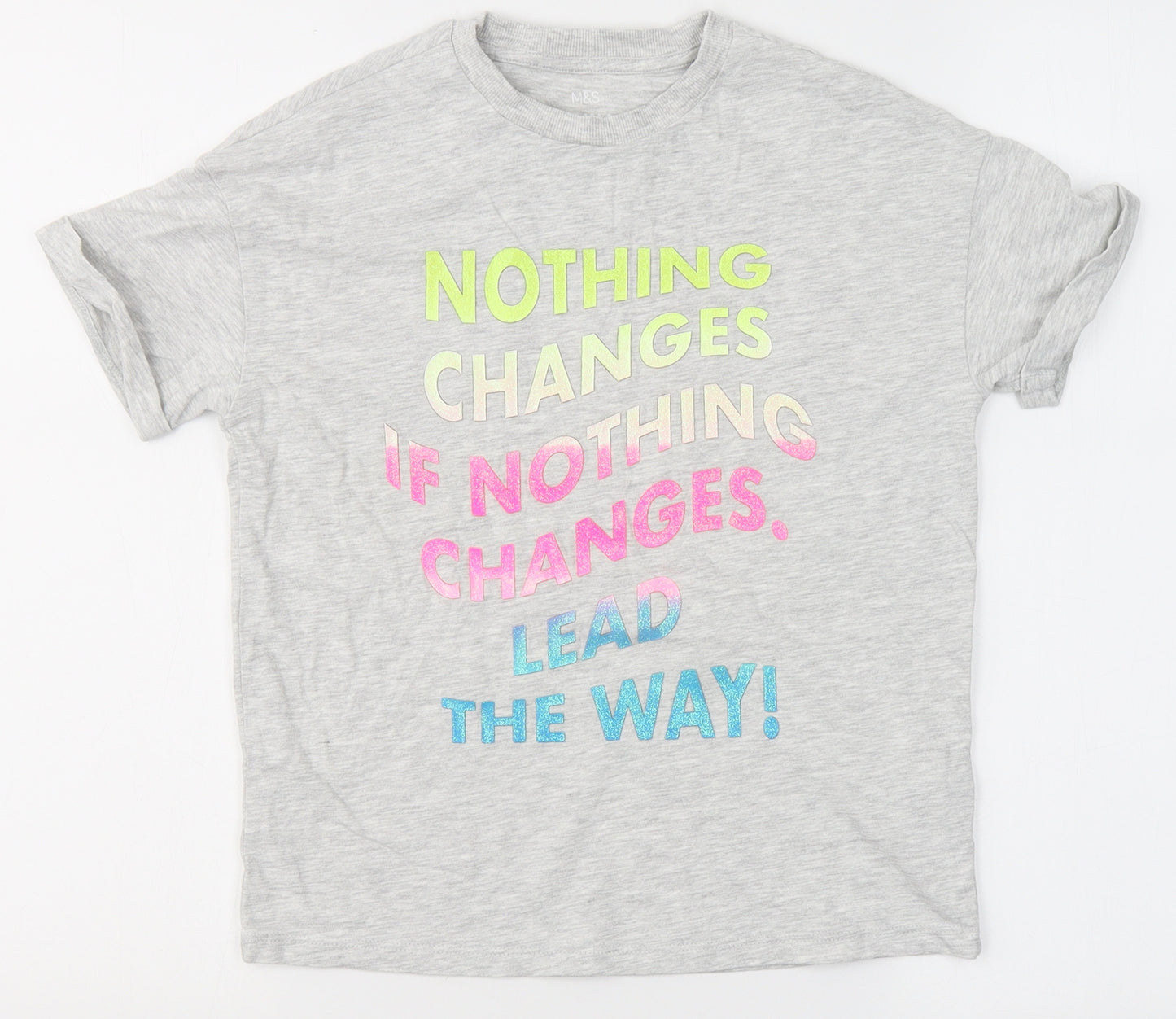 Marks and Spencer Girls Grey  Cotton Basic T-Shirt Size 9-10 Years Round Neck  - Slogan