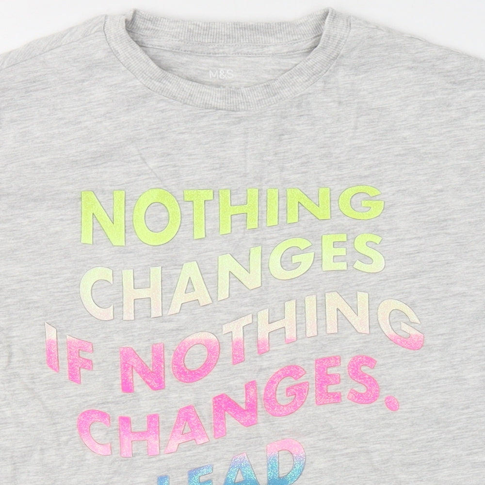 Marks and Spencer Girls Grey  Cotton Basic T-Shirt Size 9-10 Years Round Neck  - Slogan