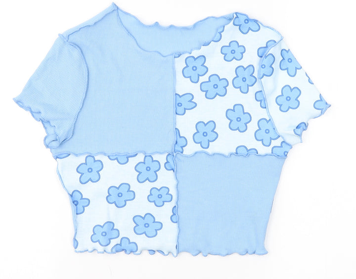 SheIn Girls Blue Floral Polyester Basic Tank Size 14 Years Round Neck  - Flowers
