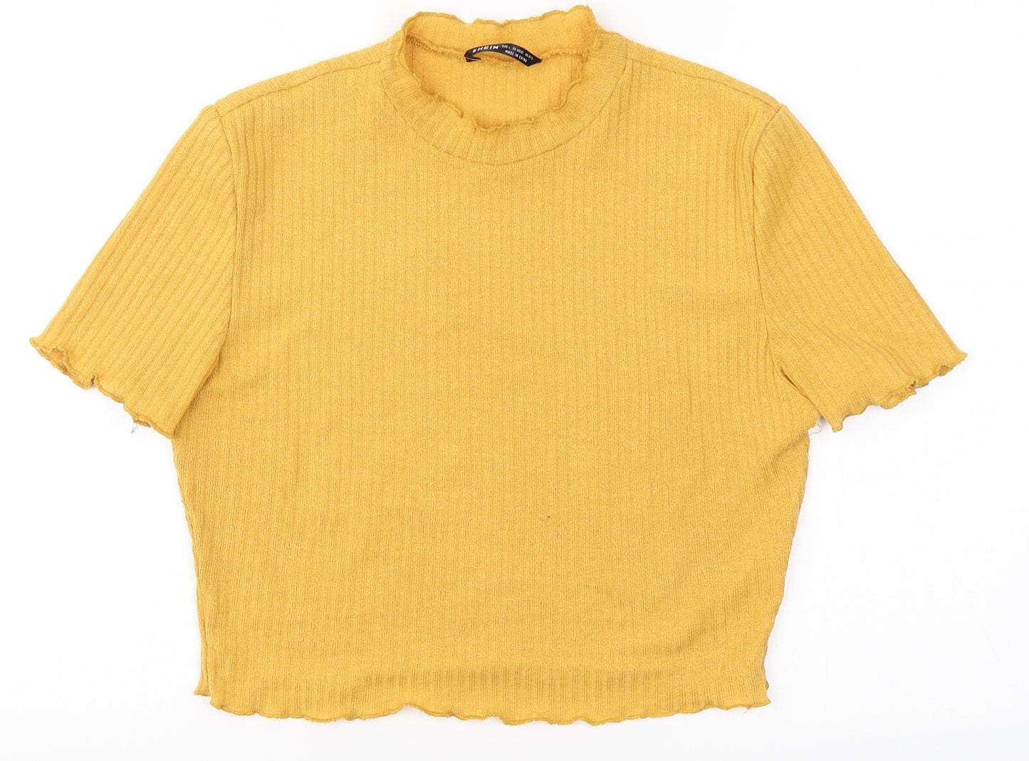 SheIn Womens Yellow  Polyester Cropped T-Shirt Size L Round Neck