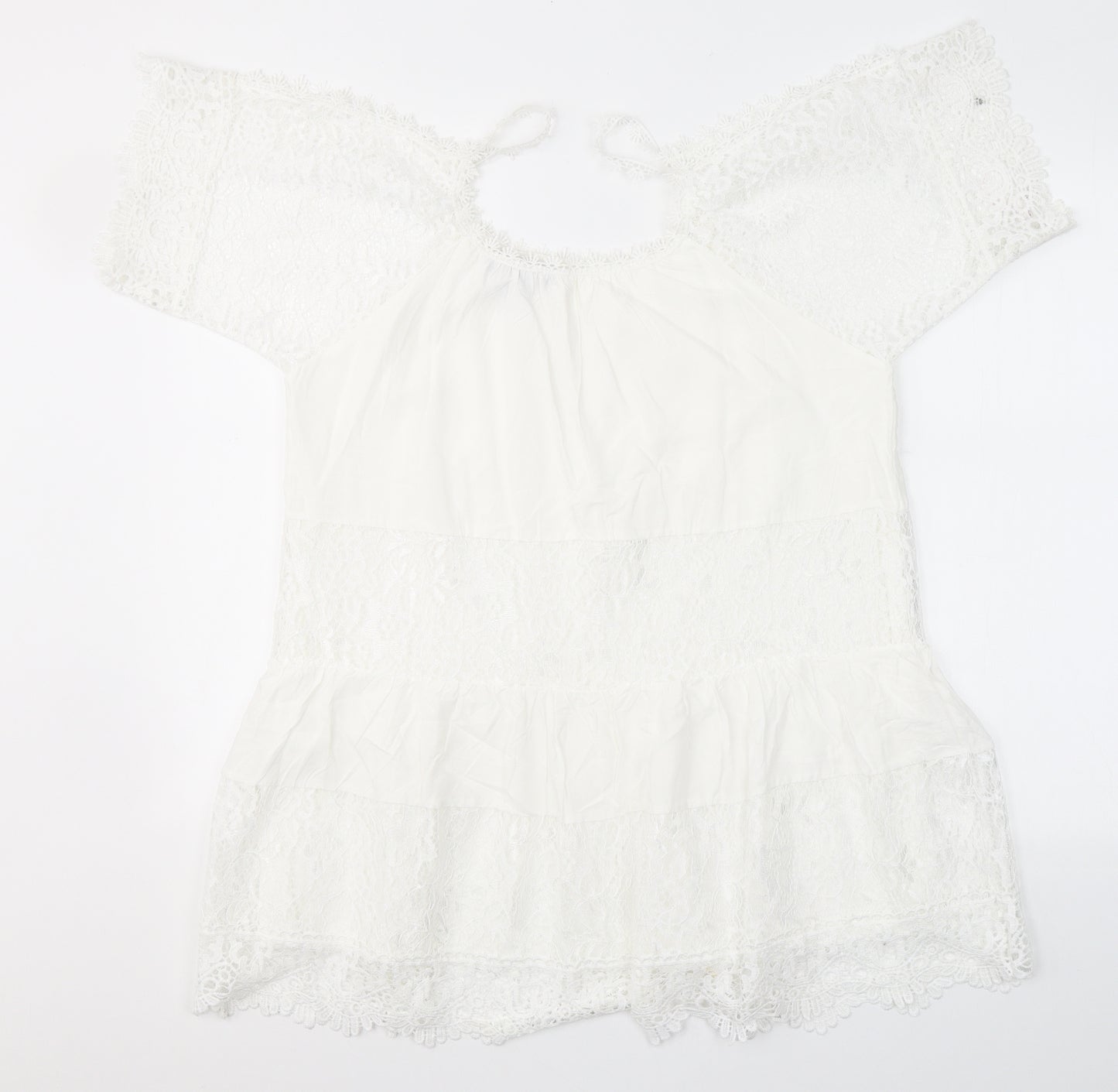 QED London Womens White  Cotton Basic Blouse Size S Round Neck - Open Shoulder