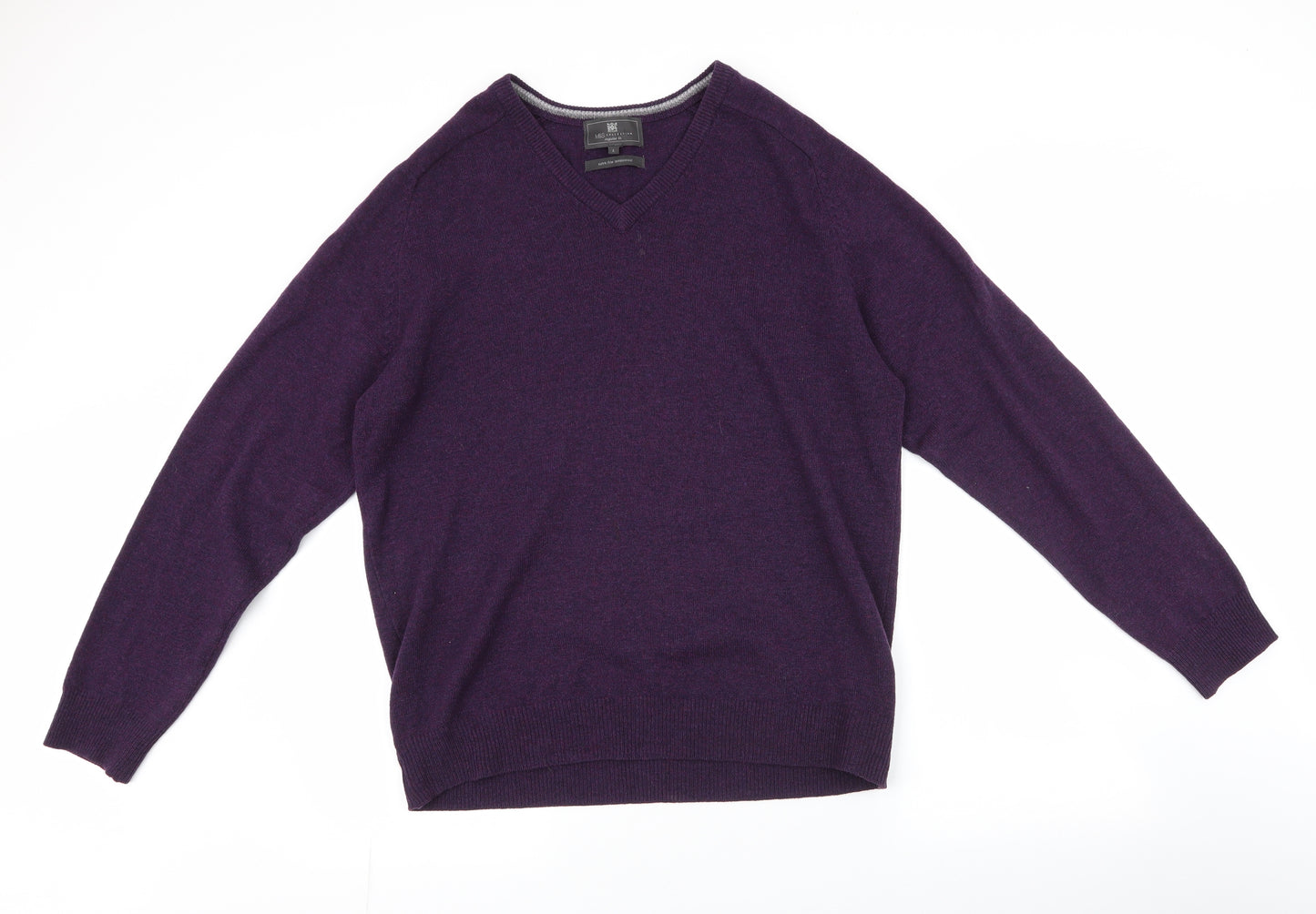 Marks and Spencer Mens Purple V-Neck  Wool Pullover Jumper Size L