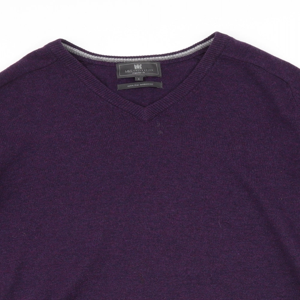Marks and Spencer Mens Purple V-Neck  Wool Pullover Jumper Size L