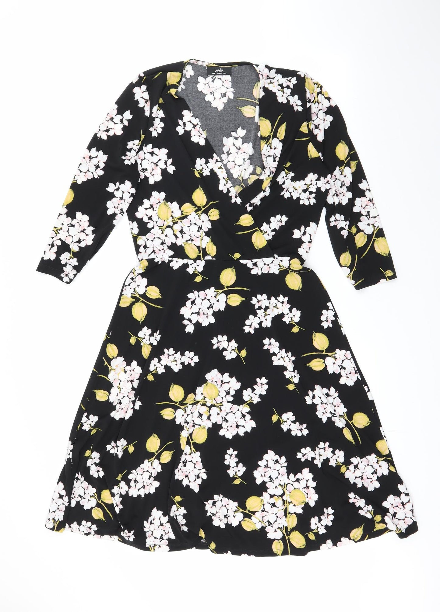 Wallis Womens Black Floral Polyester Skater Dress  Size 8  V-Neck Pullover