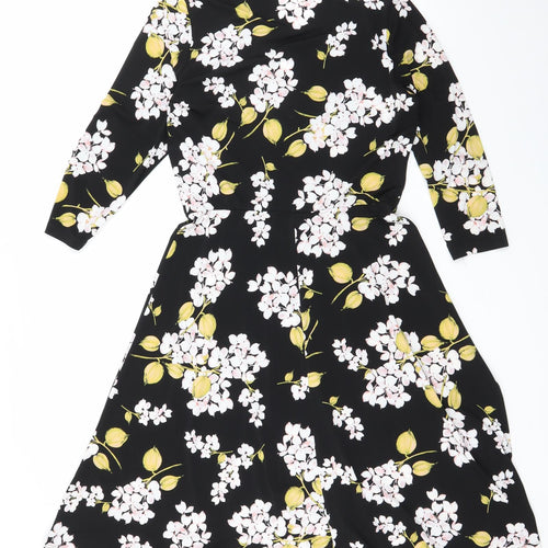 Wallis Womens Black Floral Polyester Skater Dress  Size 8  V-Neck Pullover