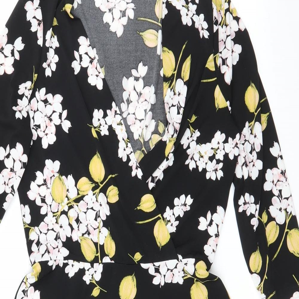 Wallis Womens Black Floral Polyester Skater Dress  Size 8  V-Neck Pullover