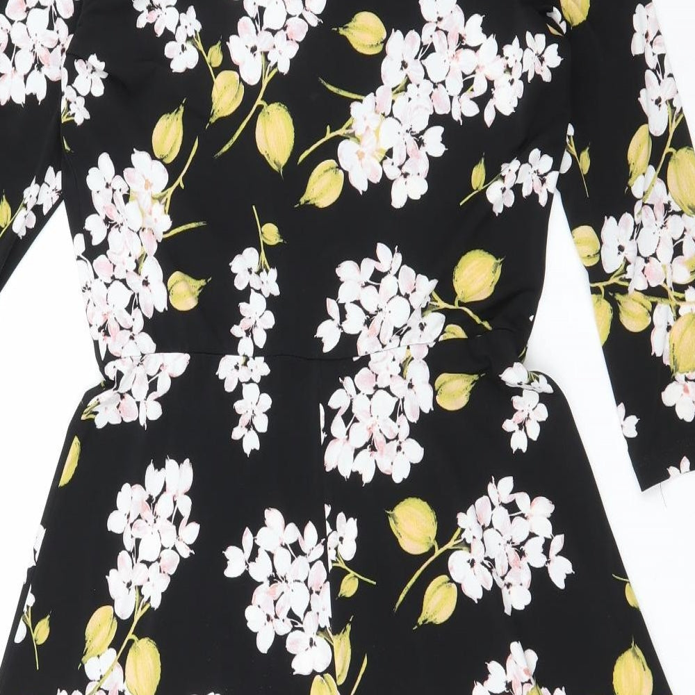 Wallis Womens Black Floral Polyester Skater Dress  Size 8  V-Neck Pullover