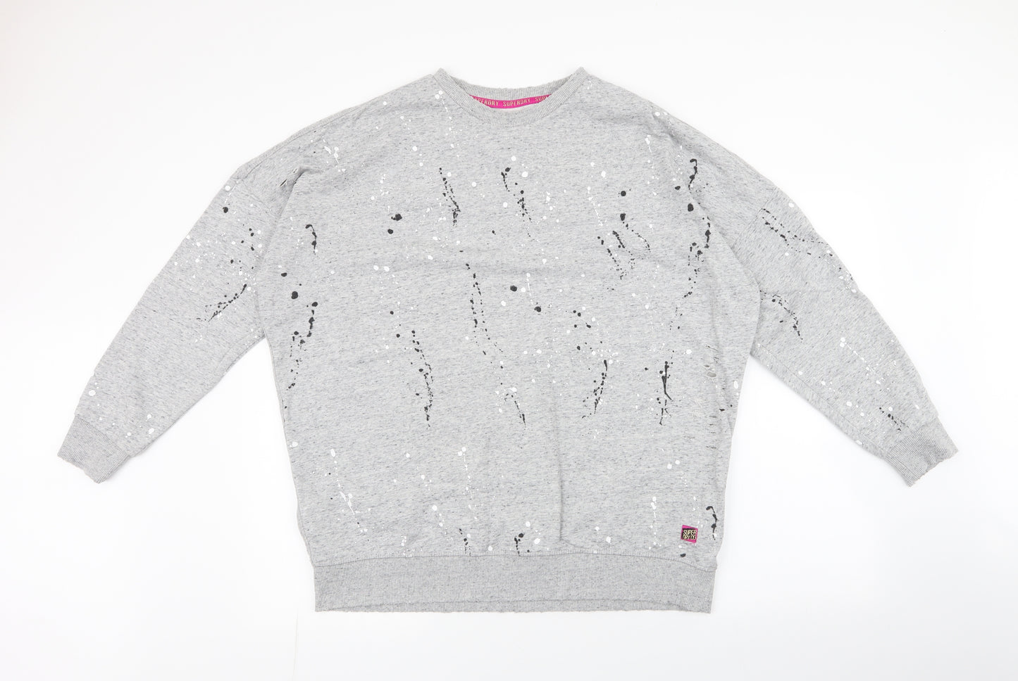 Superdry Womens Grey Round Neck  Polyester Pullover Jumper Size L   - Paint Splat , rips