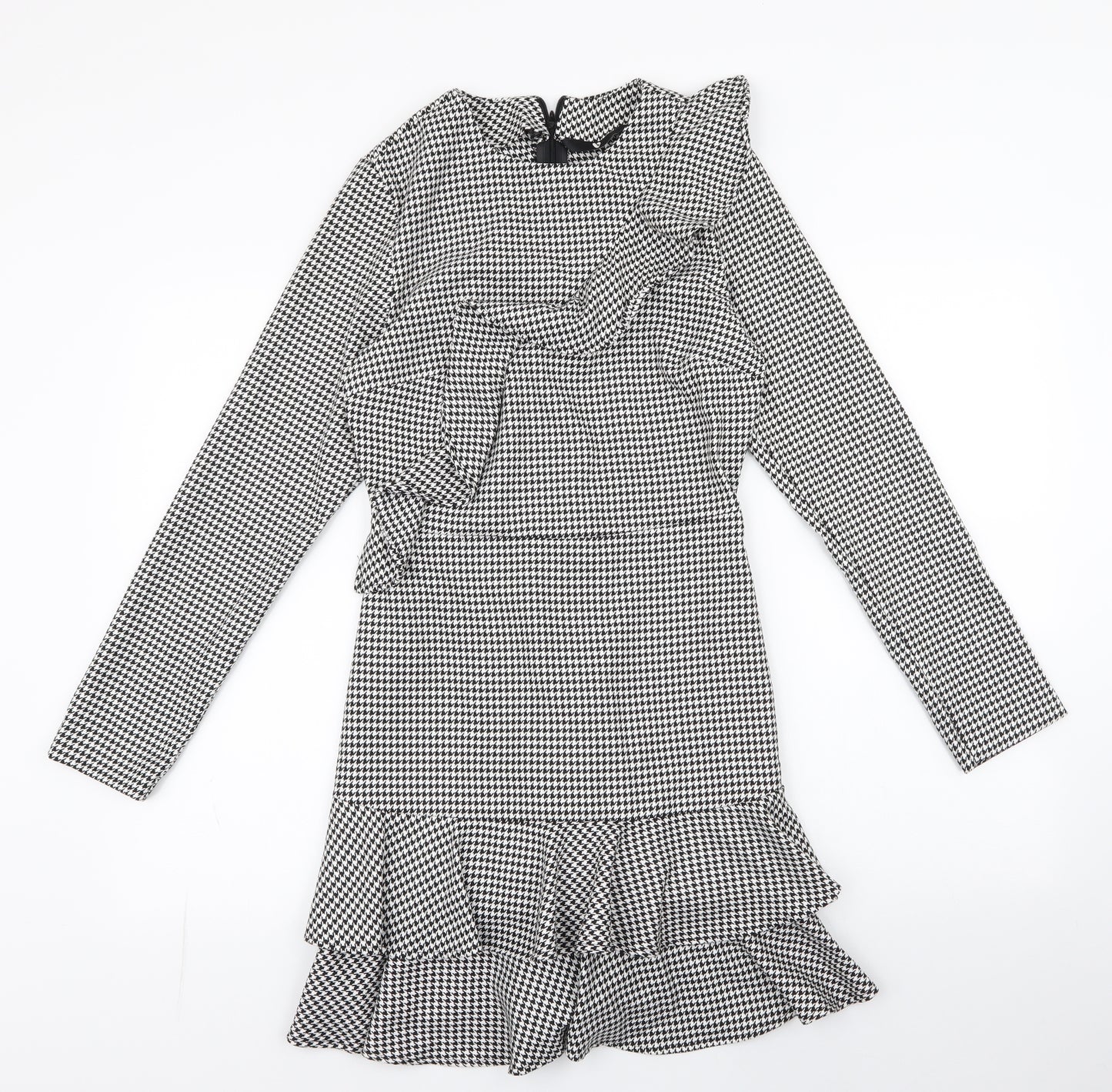 Very Womens White Houndstooth Polyester Fit & Flare  Size 8  Round Neck Zip - Ruffle Detail