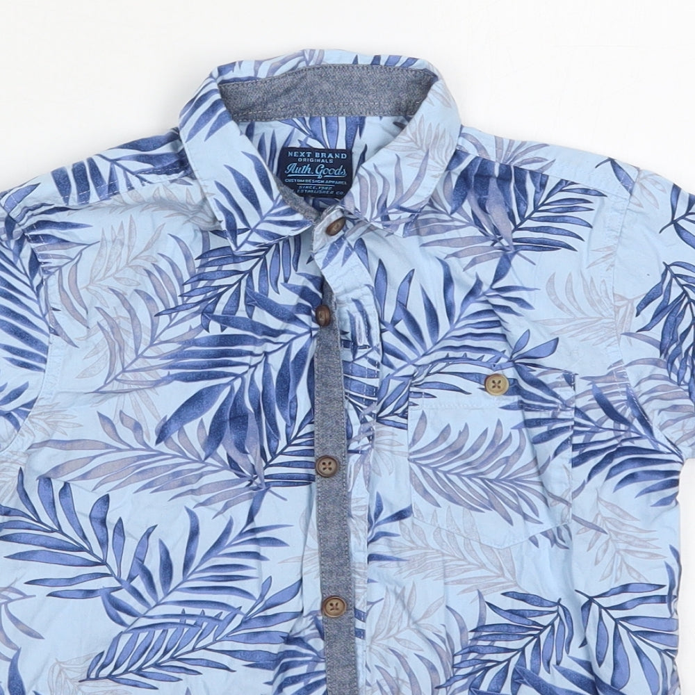 NEXT Boys Blue Floral Cotton Basic Button-Up Size 7 Years Collared Button - Leaf Prints