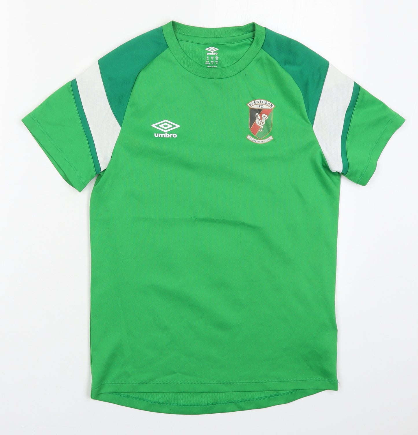 Umbro Boys Green  Polyester Basic T-Shirt Size 12 Years Crew Neck Pullover - Glentorian FC