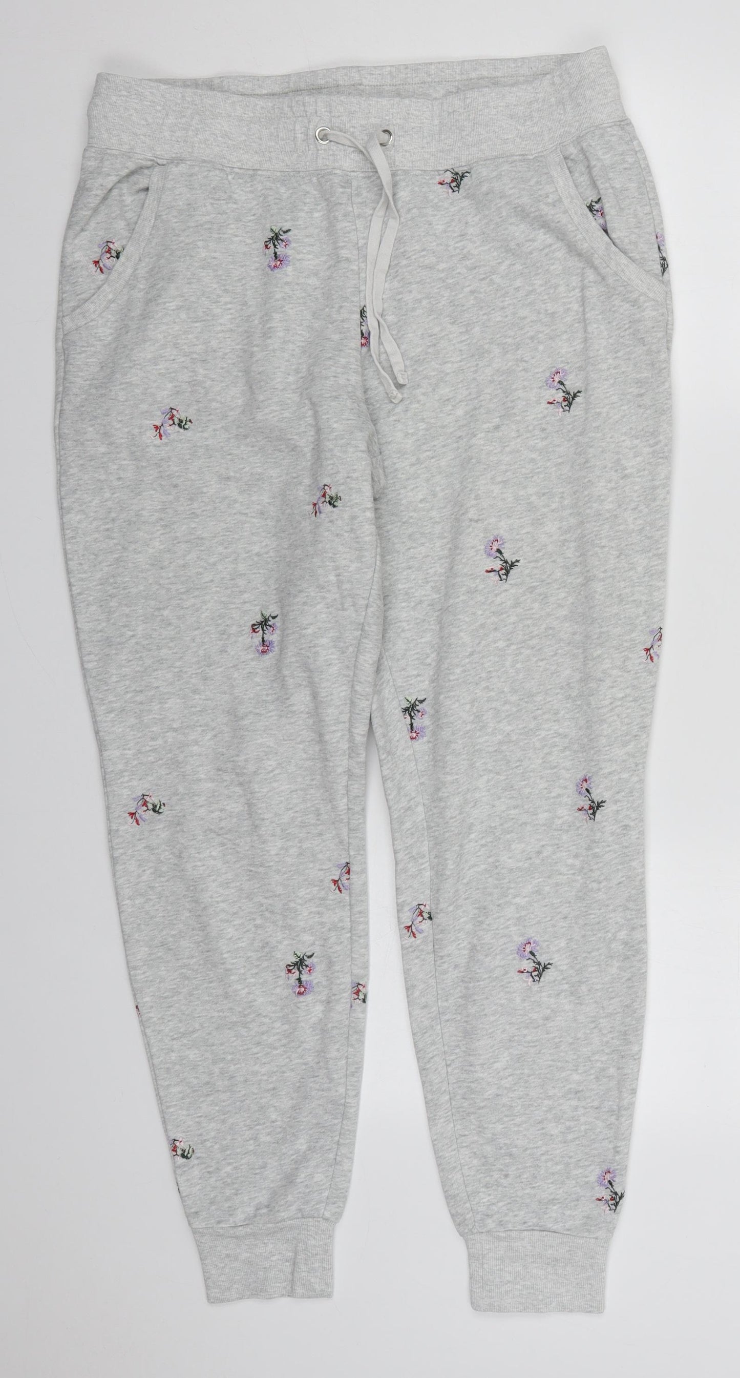 H&M Womens Grey Floral Cotton Sweatpants Trousers Size M L29 in Regular Drawstring