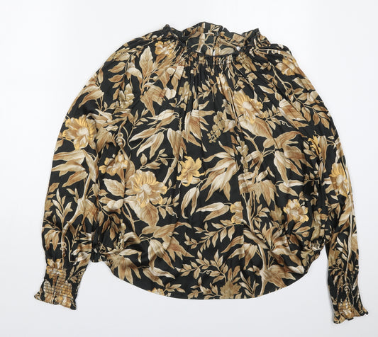 Front view of H&M women’s brown floral polyester basic blouse, size UK 6, round neck