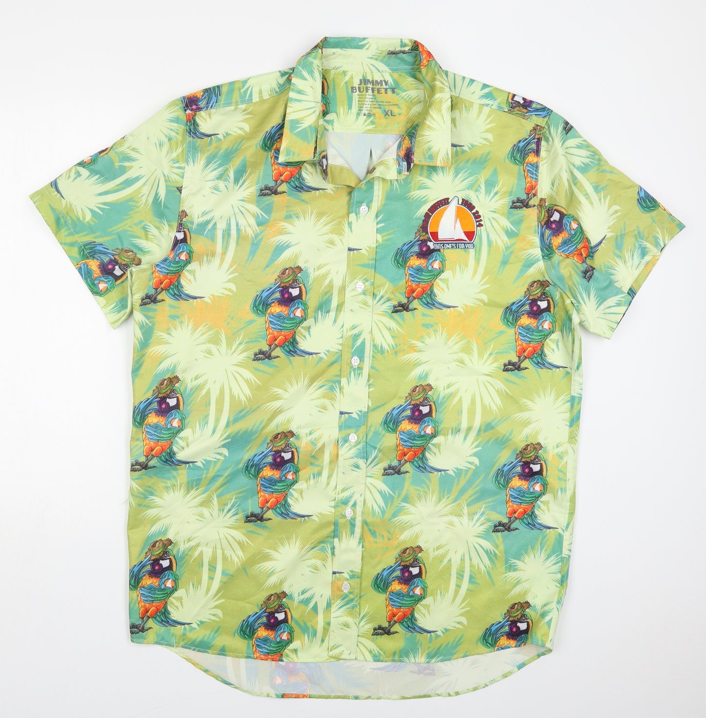 Jimmy Buffet Mens Green  Polyester  Button-Up Size XL Collared Button - Parrots