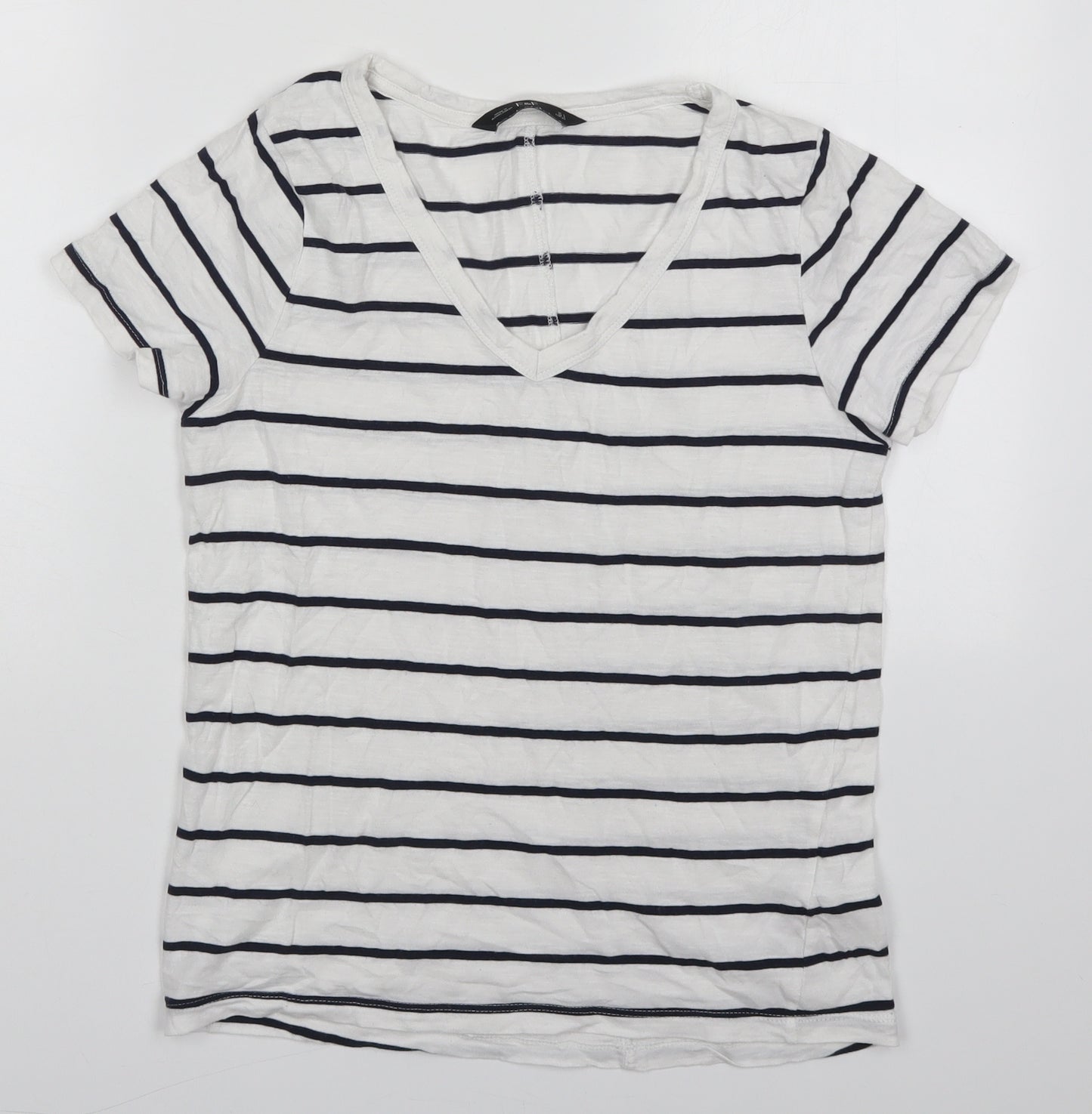 F&F Womens White Striped Cotton Basic T-Shirt Size 6 V-Neck