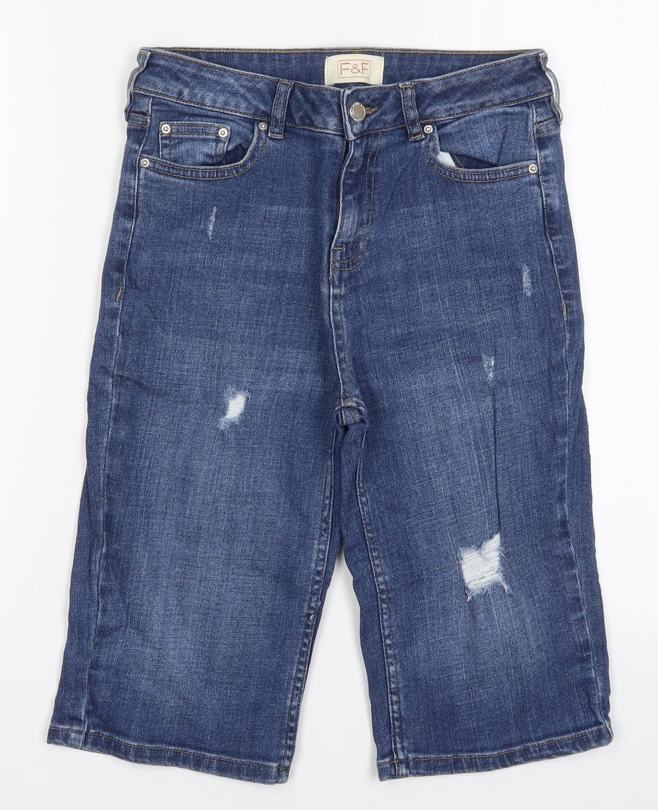 F&F Womens Blue  Cotton Bermuda Shorts Size 6 L12 in Regular Button - Distressed Look