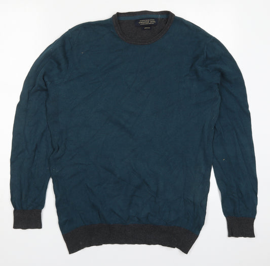 Front view of Twisted Soul men’s blue round neck cotton jumper, size M