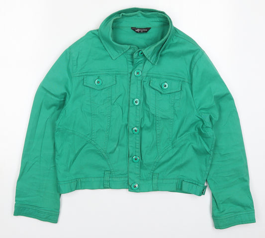 Front view of Internacionale women’s green jacket, size UK 16, button