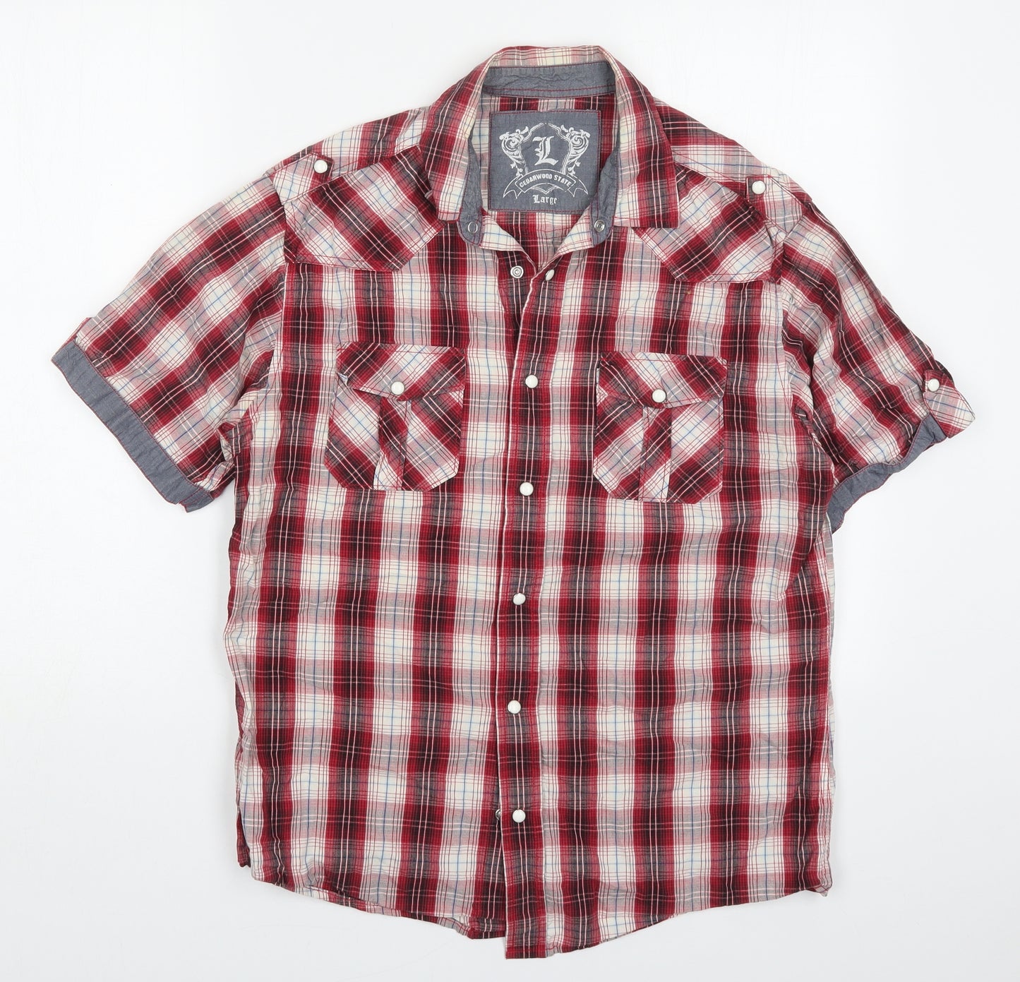 Cedar Wood State Mens Red Check Cotton  Button-Up Size L Collared Button